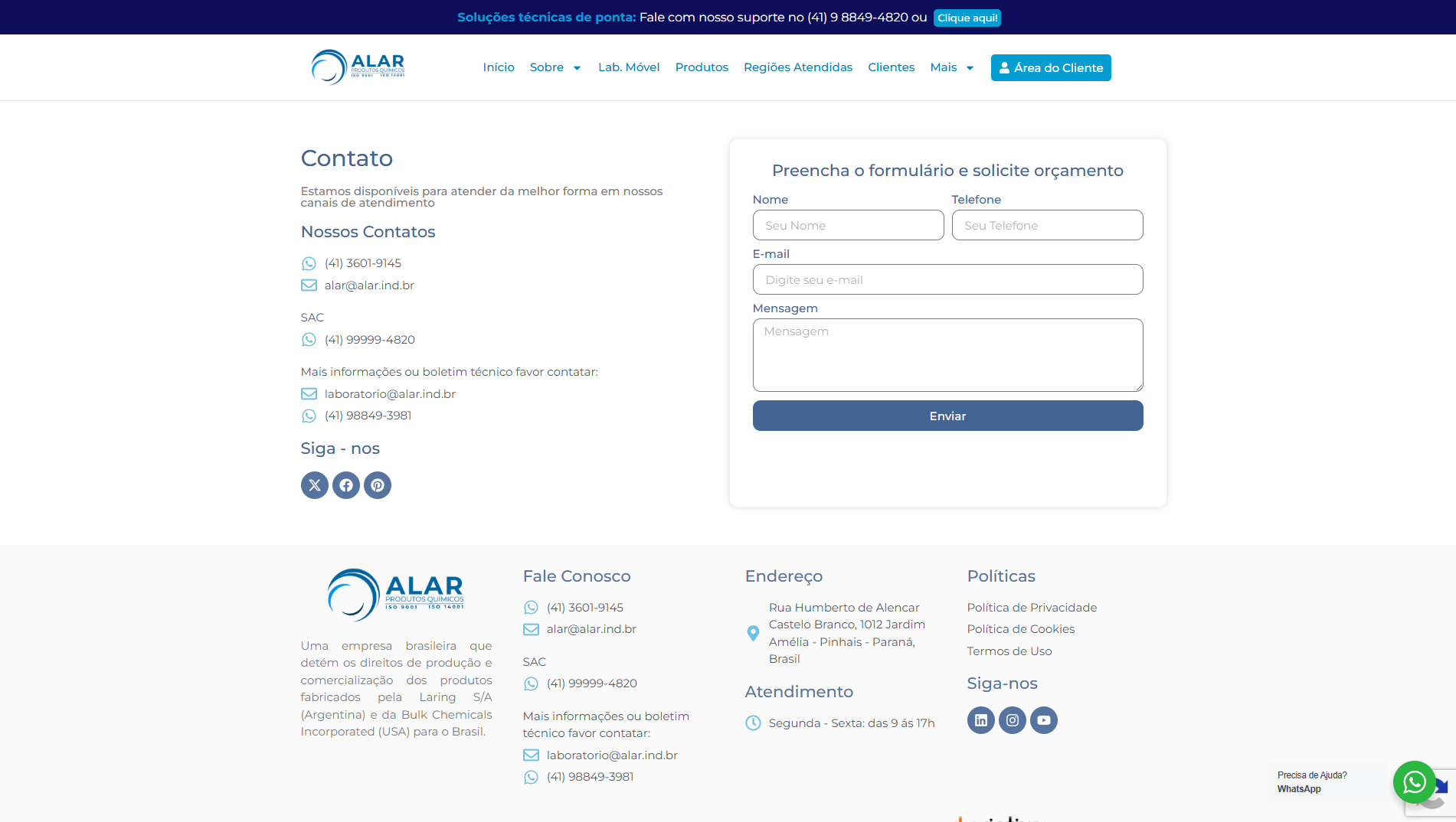 Site Institucional - Alar Produtos Químicos