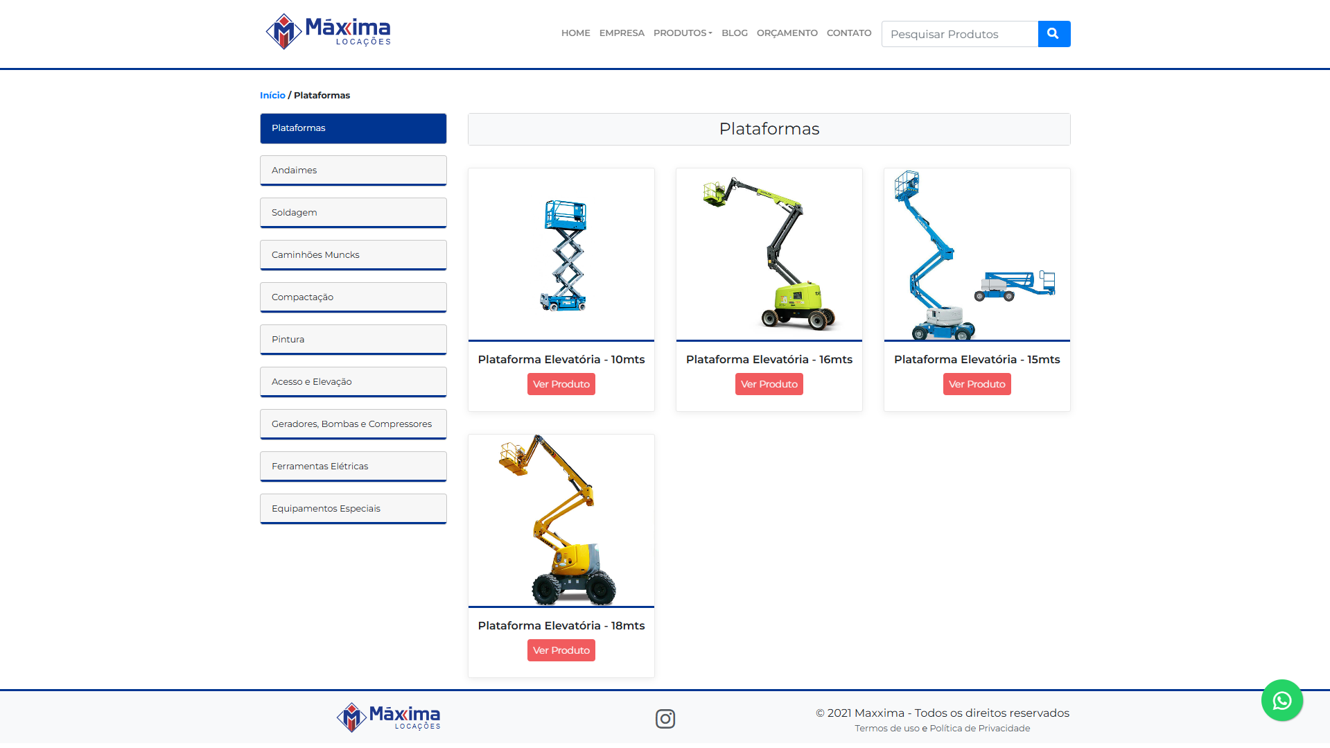 Site Institucional e Catálogo - Maxxima Locações