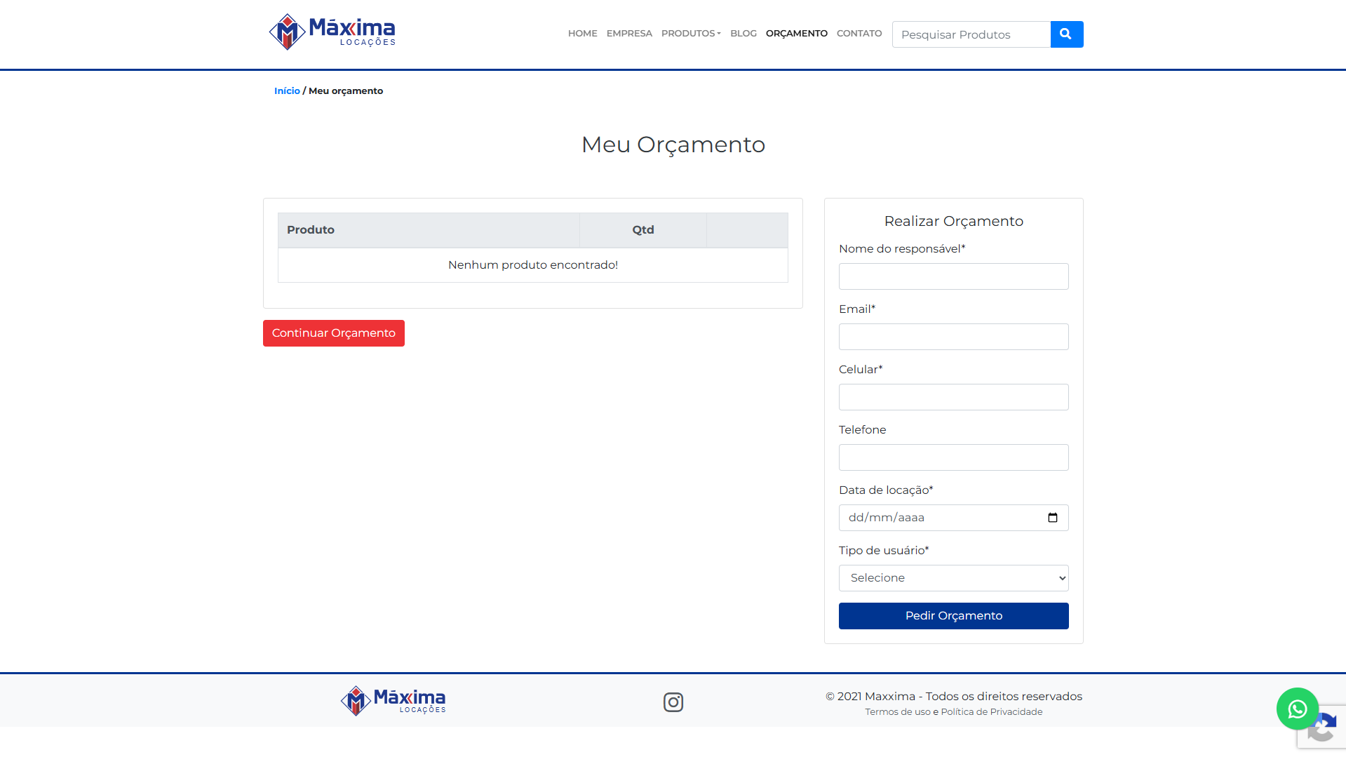 Site Institucional e Catálogo - Maxxima Locações